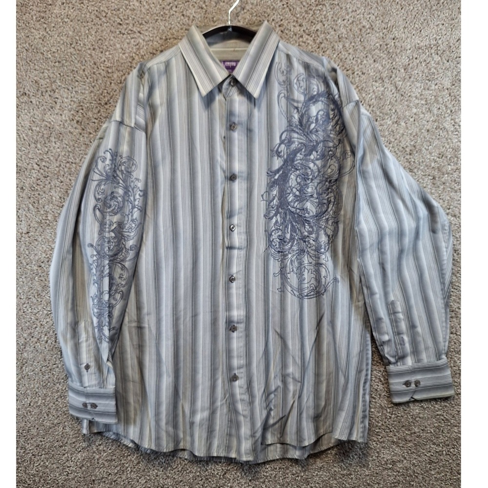 Empra Button Up Shirt Mens 2XL Gray Striped Graphic Long Sleeve Y2K Cyber Grunge